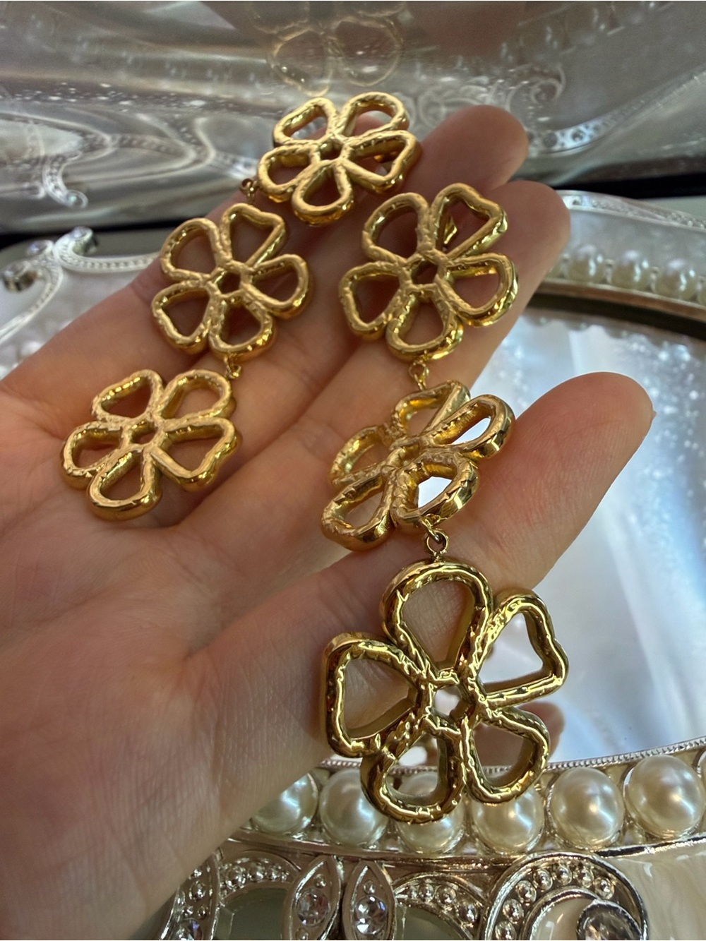 Kenneth Jay Lane Gold Floral Triple-Drop Earrings - Picture 12 of 15